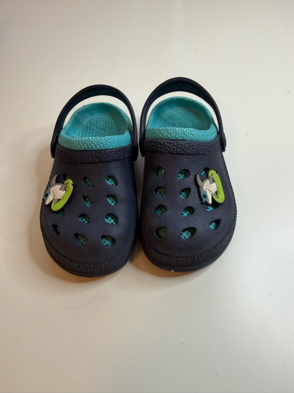 Crocs-Style Kids Navy and Teal Clog Sandals with Shark Charm